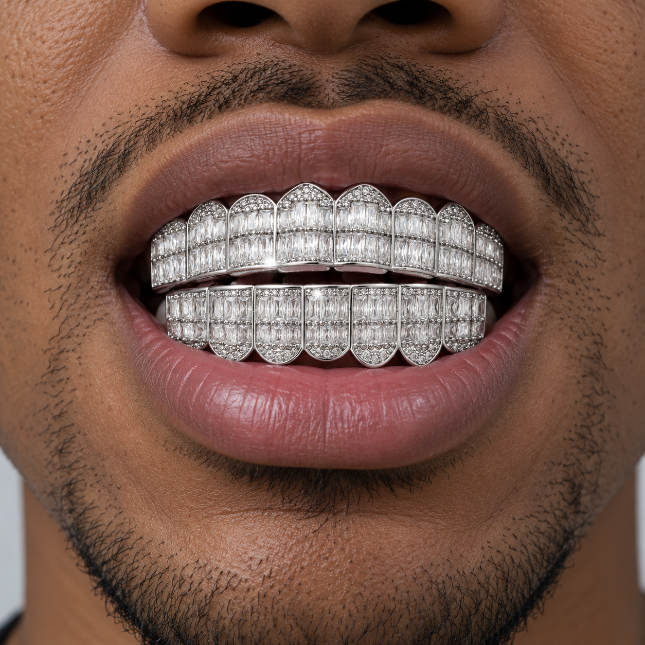 Iced Out Baguette Grillz - Weissgold – Bild 2
